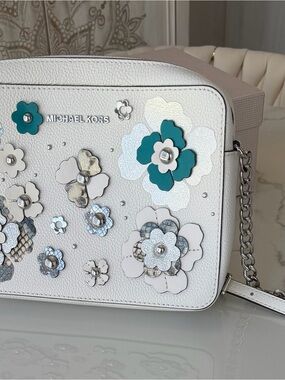 MICHAEL Michael Kors White Crossbody with Teal Floral Appliqués